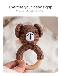 Thumbnail for CuddleRattle – Doux et ludique – Hochet pour bébé au crochet avec anneau en bois