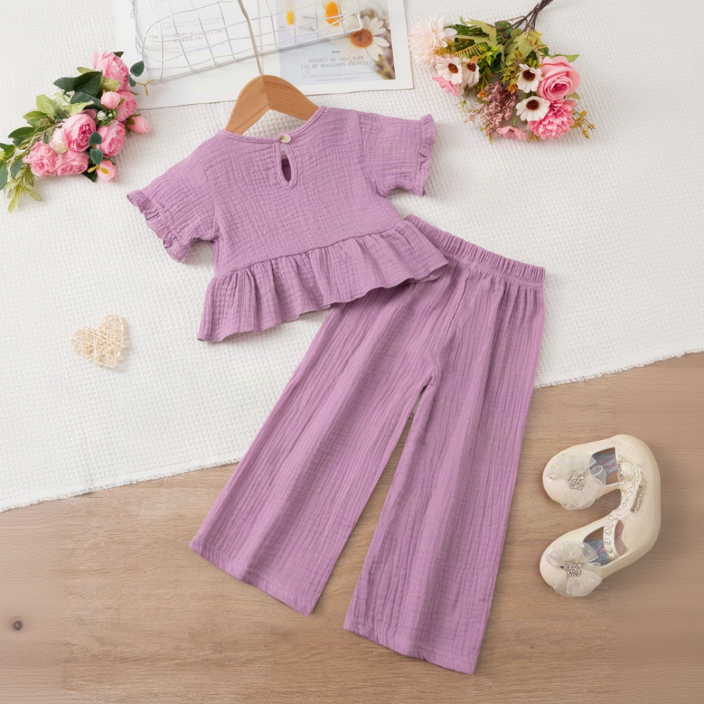 SoftCharm – Élégant et confortable – Ensemble pour fille avec haut à volants et pantalon long