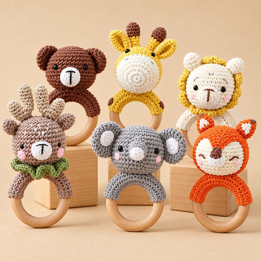 CuddleRattle – Doux et ludique – Hochet pour bébé au crochet avec anneau en bois