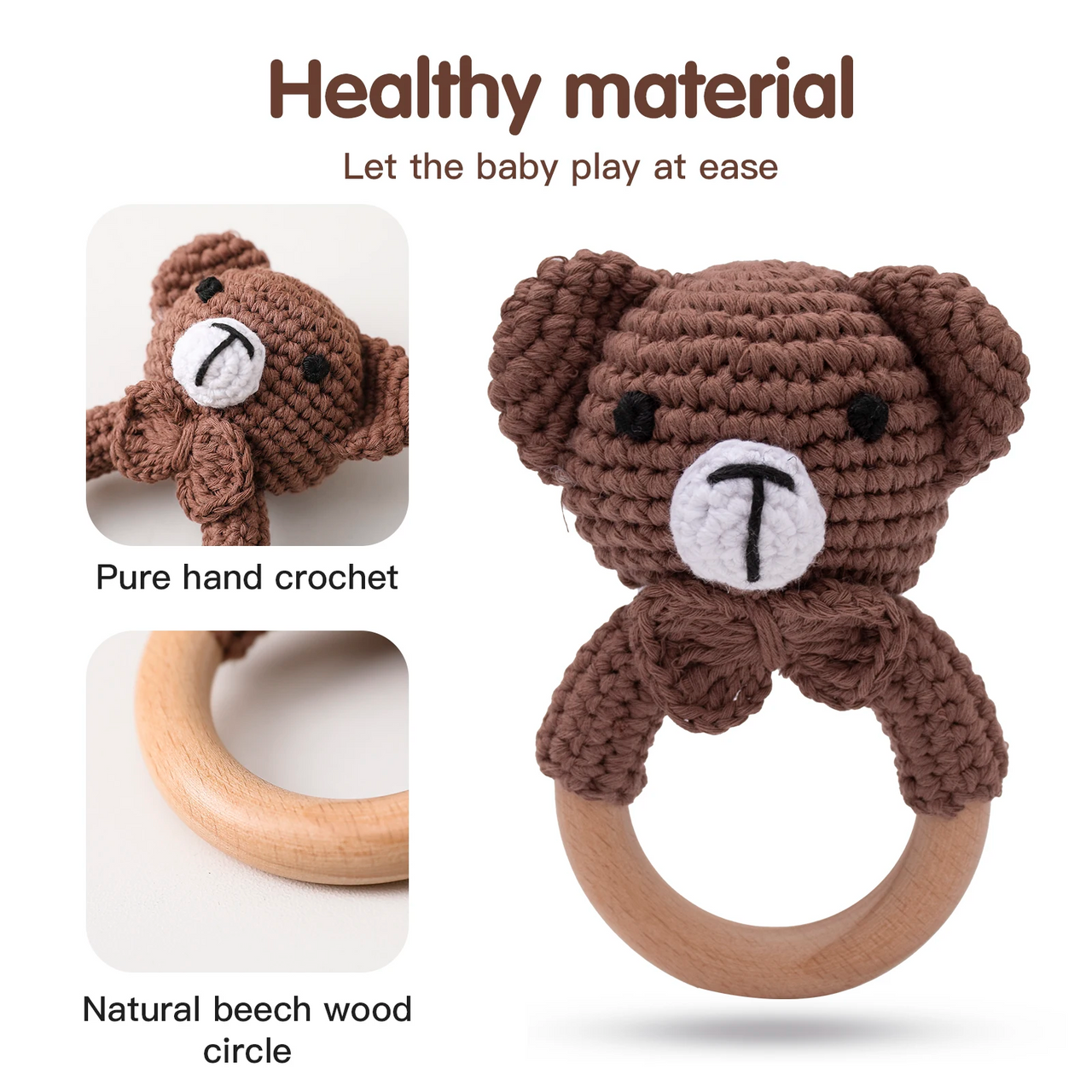 CuddleRattle – Doux et ludique – Hochet pour bébé au crochet avec anneau en bois