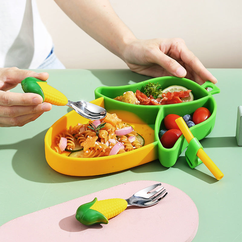 MiniMeal – Sûr et antidérapant – Set de vaisselle en silicone pour tout-petits avec couverts
