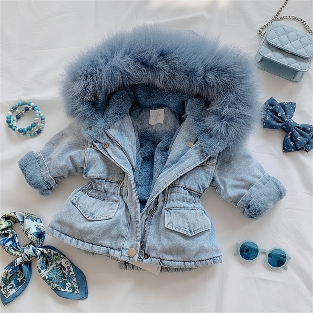 FurDream – Denim Look – Manteau d'hiver avec capuche