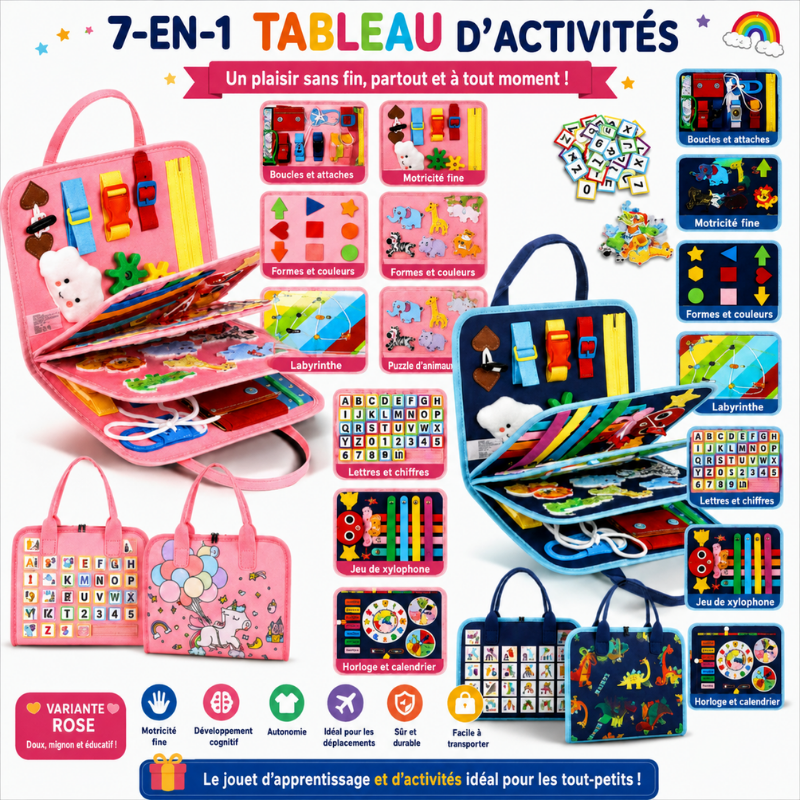 7-in-1 Busy Board – Motricité et apprentissage – Tableau d'activités