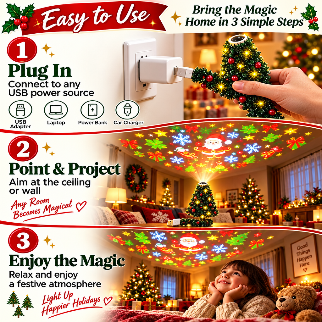HolidayBeam – Festif et chaleureux – Projecteur de Noël USB avec motifs lumineux