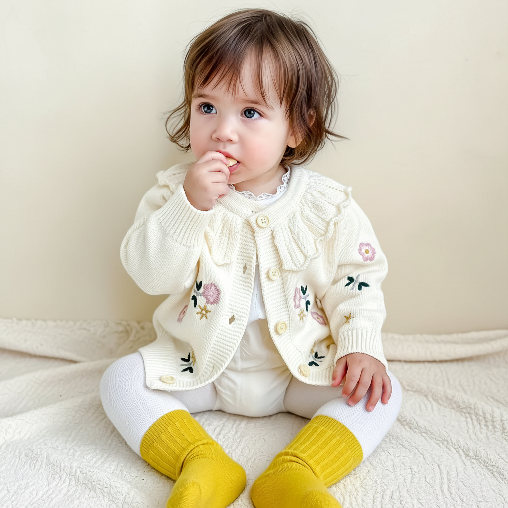 FloraKnit – Chaleureux et tendance – Cardigan en maille avec des détails floraux