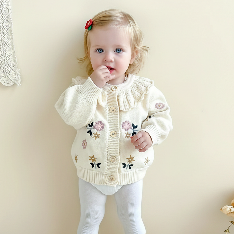 FloraKnit – Chaleureux et tendance – Cardigan en maille avec des détails floraux