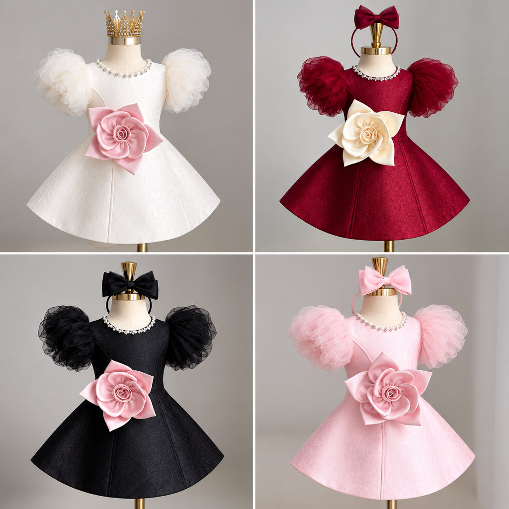 LittleRose – Élégante et festive – Robe pour fille avec fleur en 3D et manches bouffantes