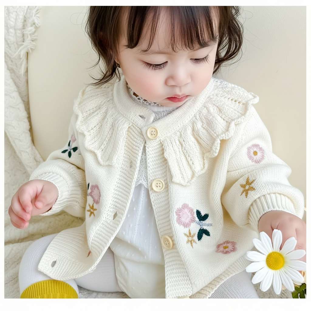 FloraKnit – Chaleureux et tendance – Cardigan en maille avec des détails floraux