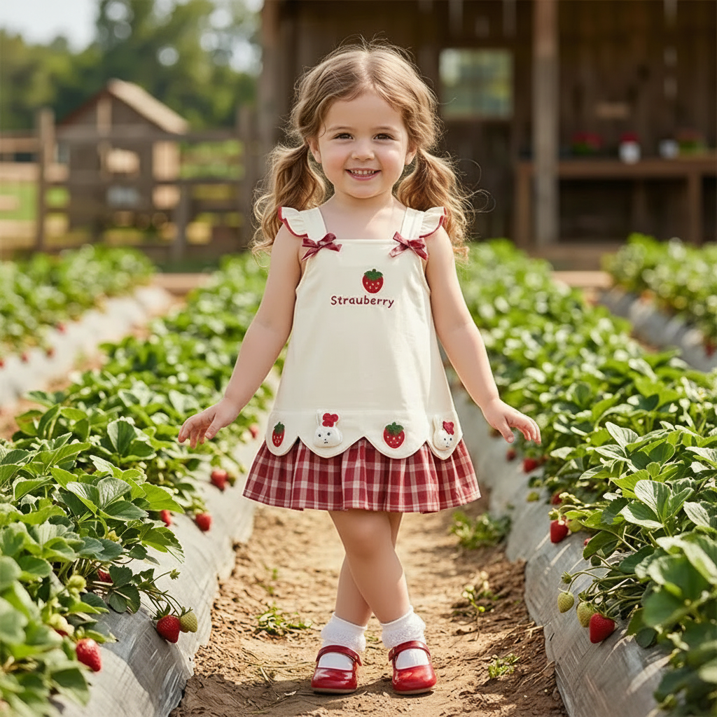 BerryBloom – Mignon et confortable – Robe pour fille avec un patch représentant une fraise et un lapin
