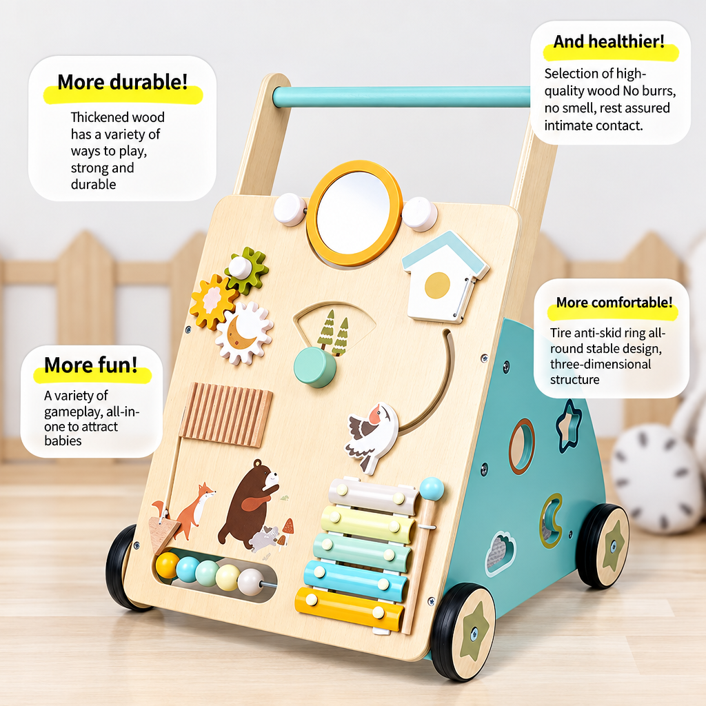 WoodenSteps – Naturel et éducatif – Trotteur en bois pour bébé avec panneaux ludiques