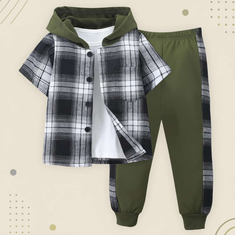 Boys Checkered Outfit – Tendance et confortable – Ensemble de vêtements à carreaux pour enfants