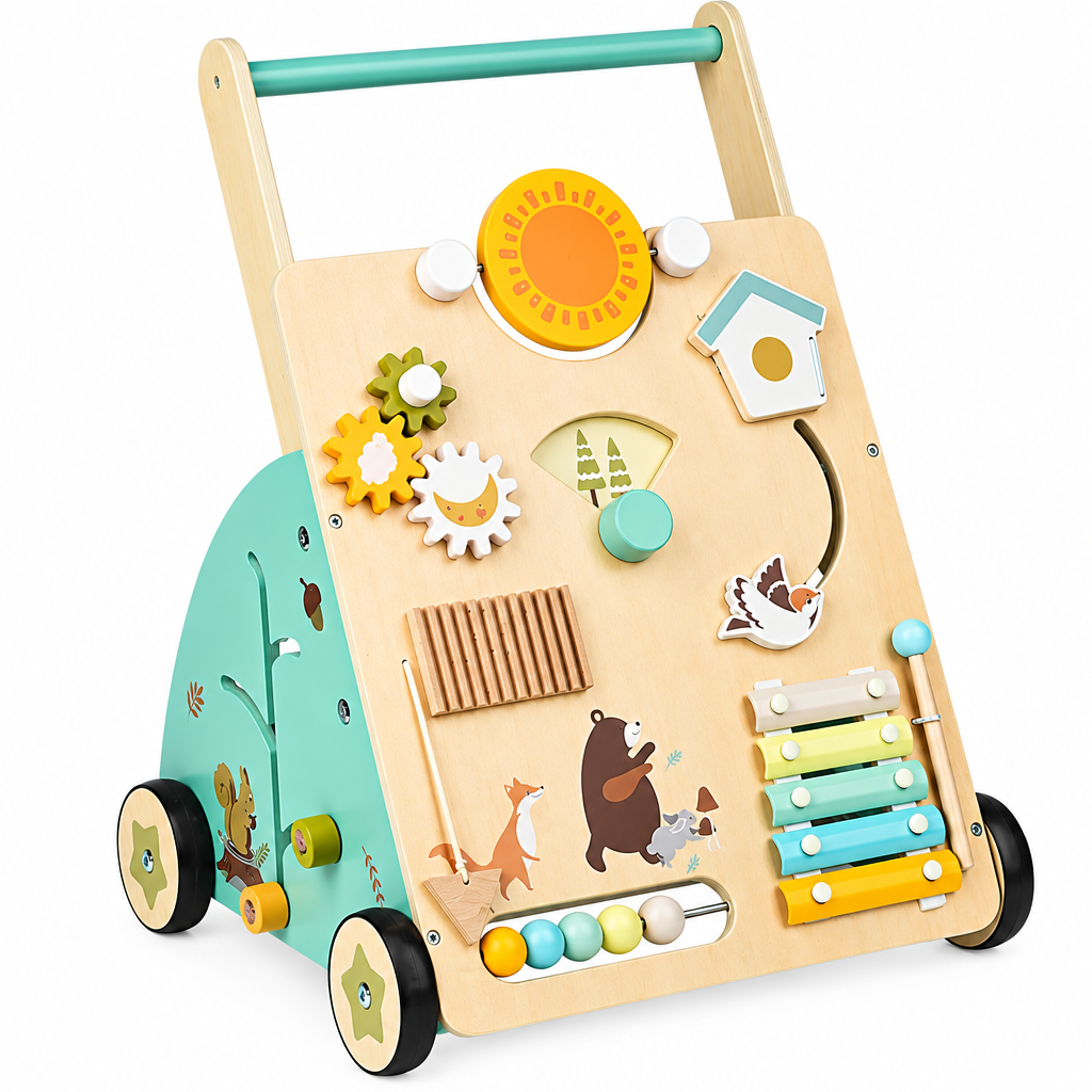 WoodenSteps – Naturel et éducatif – Trotteur en bois pour bébé avec panneaux ludiques
