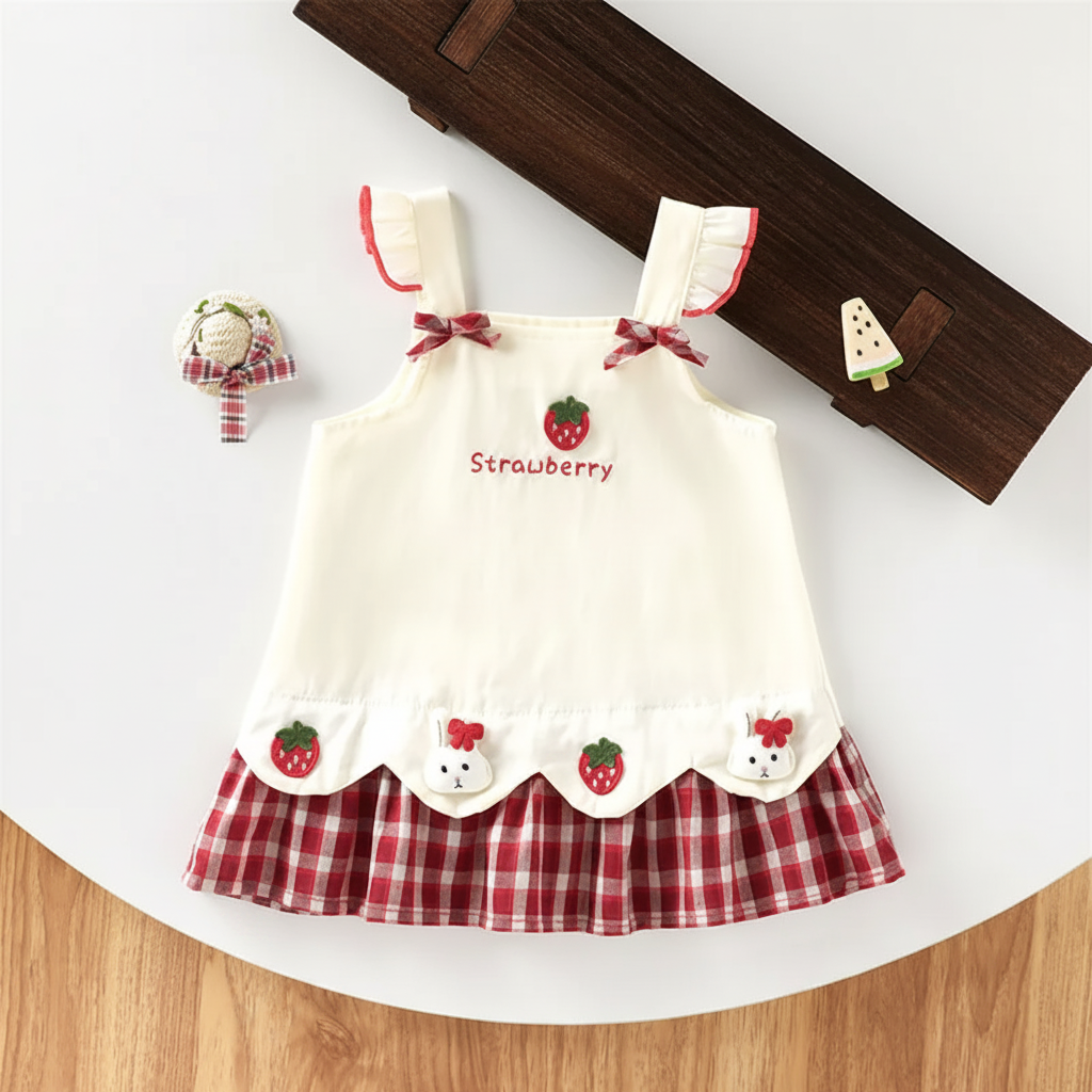 BerryBloom – Mignon et confortable – Robe pour fille avec un patch représentant une fraise et un lapin