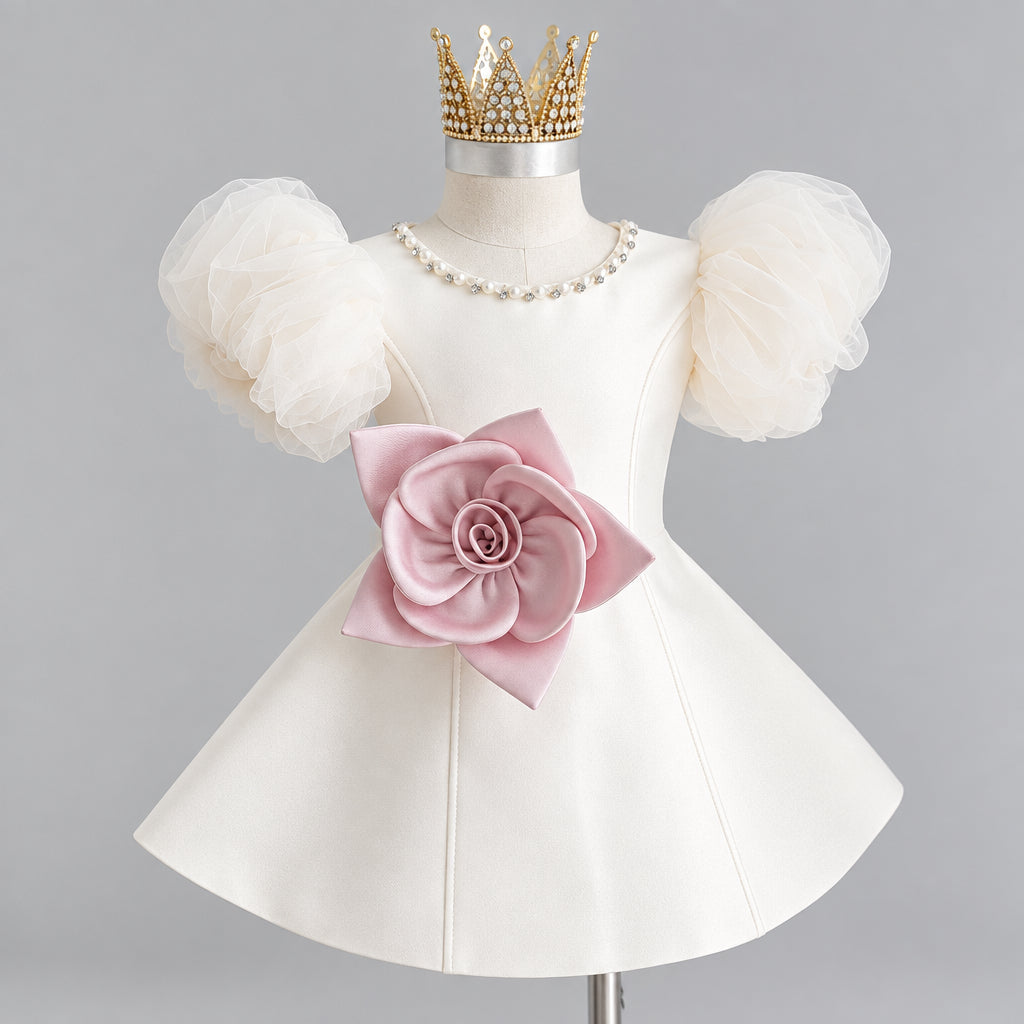 LittleRose – Élégante et festive – Robe pour fille avec fleur en 3D et manches bouffantes