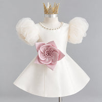 Thumbnail for LittleRose – Élégante et festive – Robe pour fille avec fleur en 3D et manches bouffantes