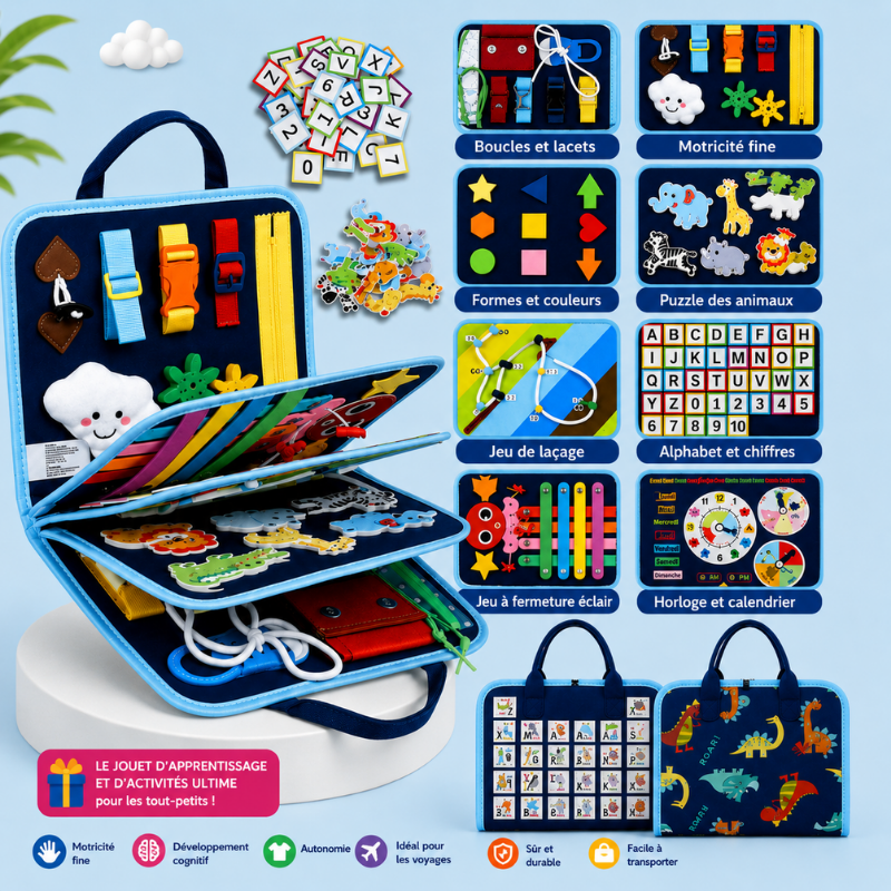 7-in-1 Busy Board – Motricité et apprentissage – Tableau d'activités