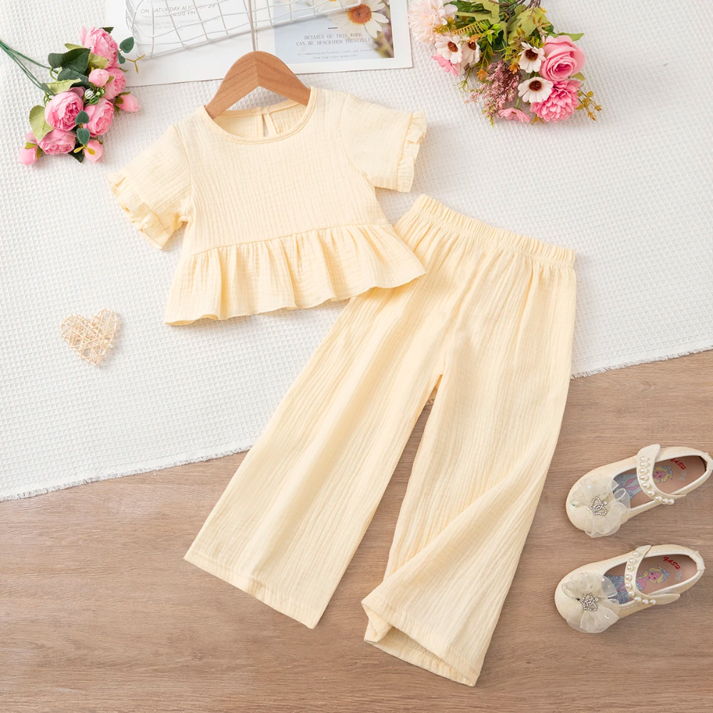 SoftCharm – Élégant et confortable – Ensemble pour fille avec haut à volants et pantalon long