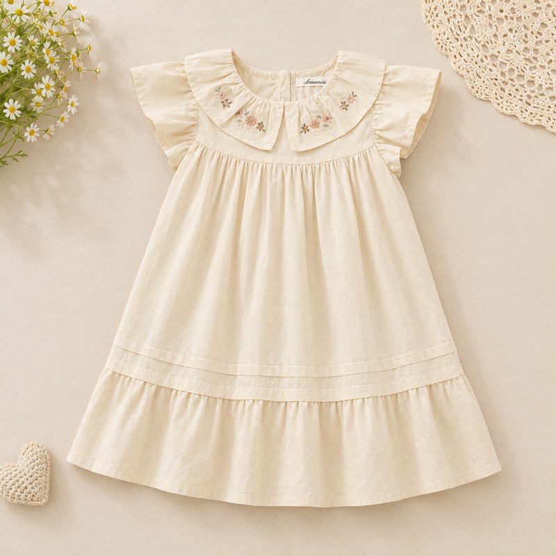 Short Sleeve Embroidery Dress – Élégance et confort – Robe de fille de créateur