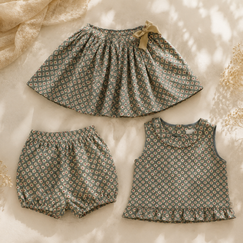 Matching Set – Confortable et imprimé marguerite – Bloomer, jupe et chemisier