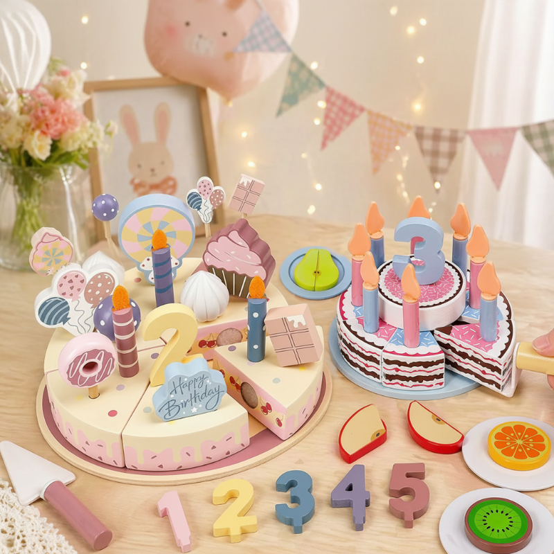 Wooden Cake Cutting Toy – Créativité et jeux de rôle – Gâteau d'anniversaire en bois