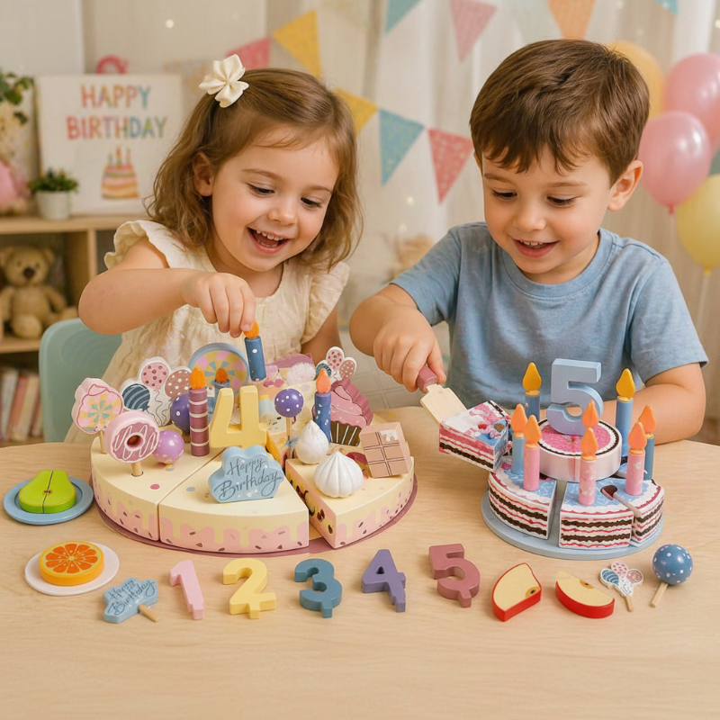 Wooden Cake Cutting Toy – Créativité et jeux de rôle – Gâteau d'anniversaire en bois