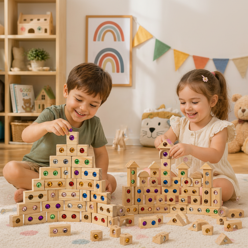Rainbow Gem Stacking Blocks – Créatif et éducatif – Jeu de blocs empilables en bois