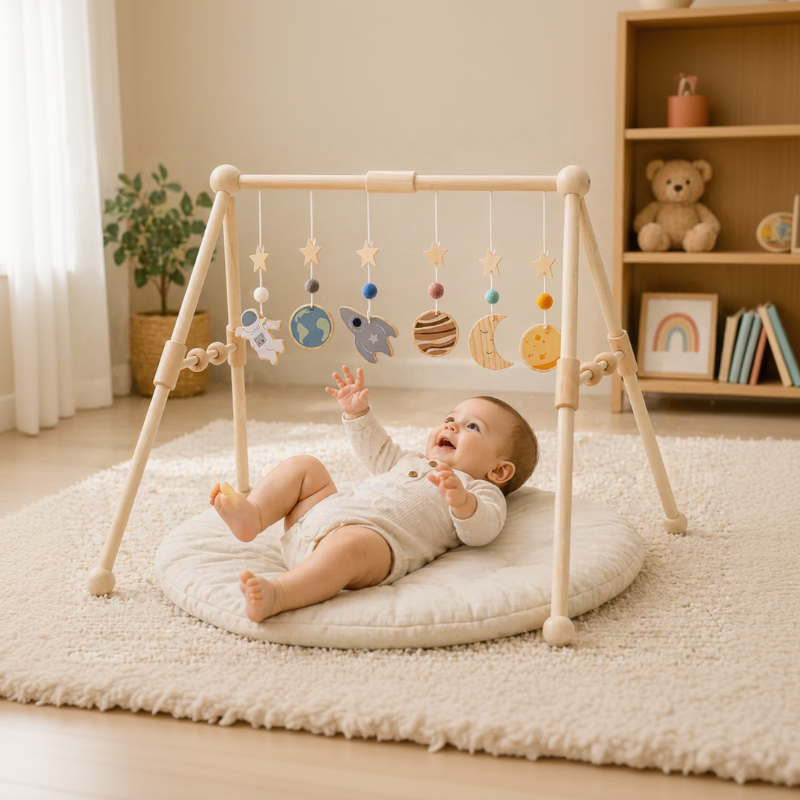 Wooden Baby Rattle Toy – Éveil sensoriel et sécurité – Baby Gym