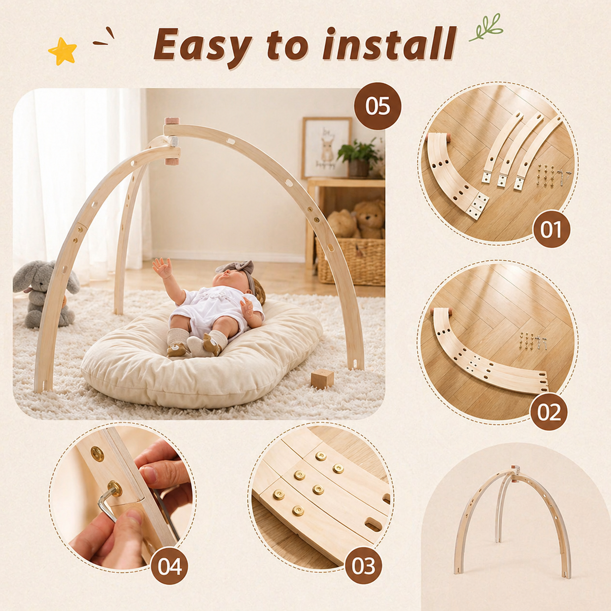 Wooden Baby Rattle Toy – Éveil sensoriel et sécurité – Baby Gym