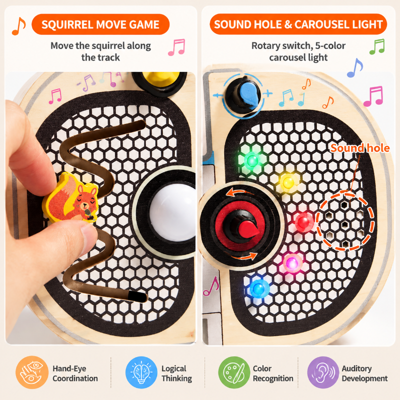 Wooden Busy Board – Motricité et interactivité – Tableau d'activités musicales