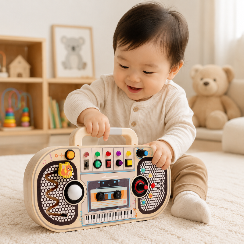 Wooden Busy Board – Motricité et interactivité – Tableau d'activités musicales