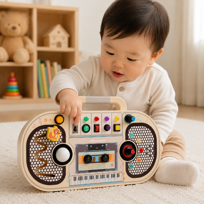 Wooden Busy Board – Motricité et interactivité – Tableau d'activités musicales