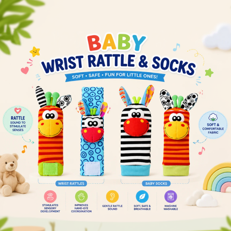 Wrist Rattle and Socks – Motricité et jeu – Hochets pour bébés (lot de 4)