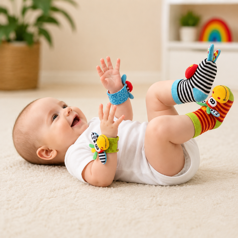 Wrist Rattle and Socks – Motricité et jeu – Hochets pour bébés (lot de 4)