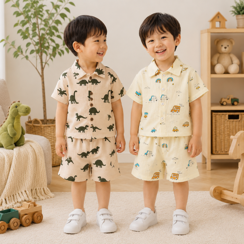 Dinosaur & Car Print Outfit – Tendance et ludique – Ensemble de vêtements d'été