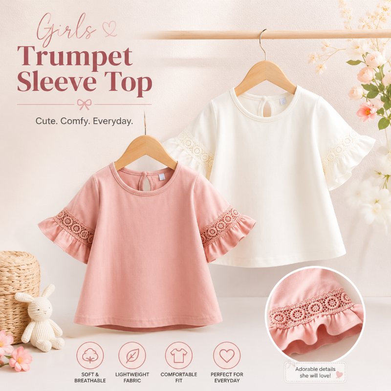 Girls Trumpet Sleeve Top – Élégance et confort – Manches en dentelle
