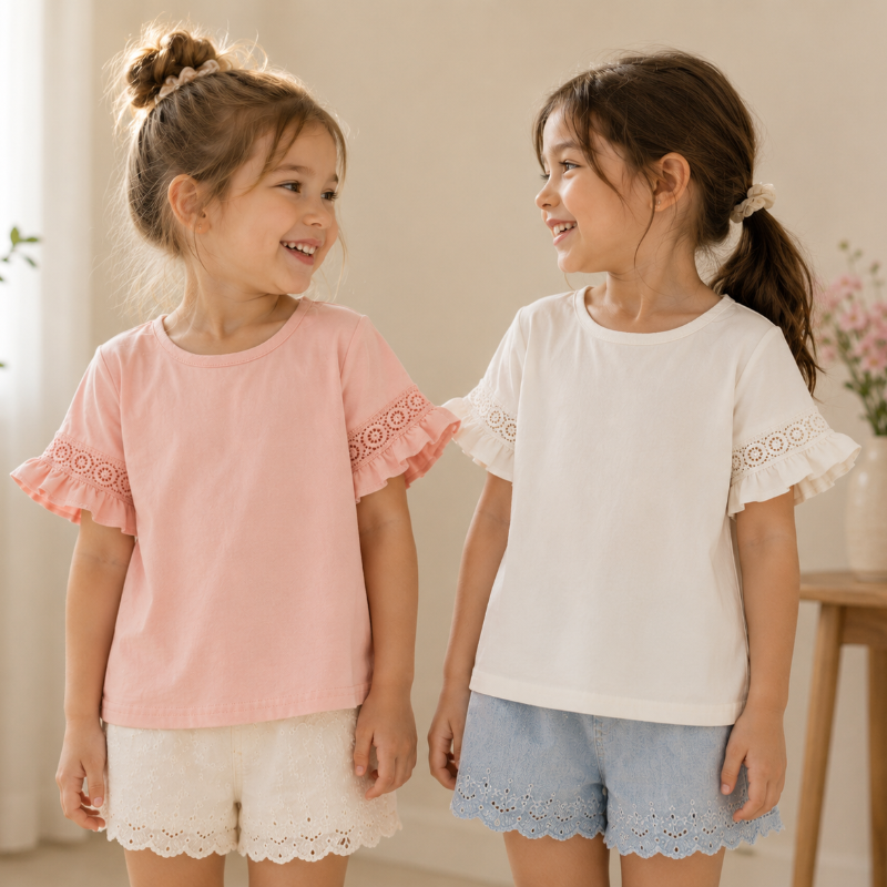 Girls Trumpet Sleeve Top – Élégance et confort – Manches en dentelle