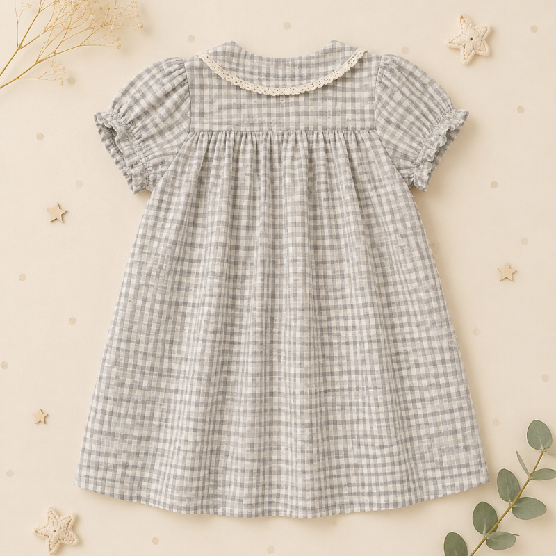 Check Dress – Doux et respirant – Col classique et manches bouffantes