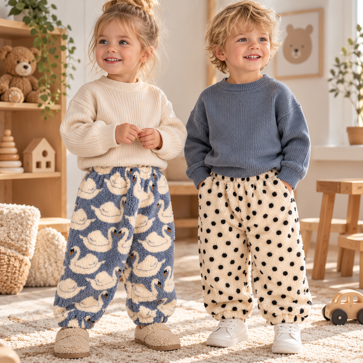 FuzzyPants – Doux et chaud – Pantalon en peluche pour enfants avec des imprimés ludiques