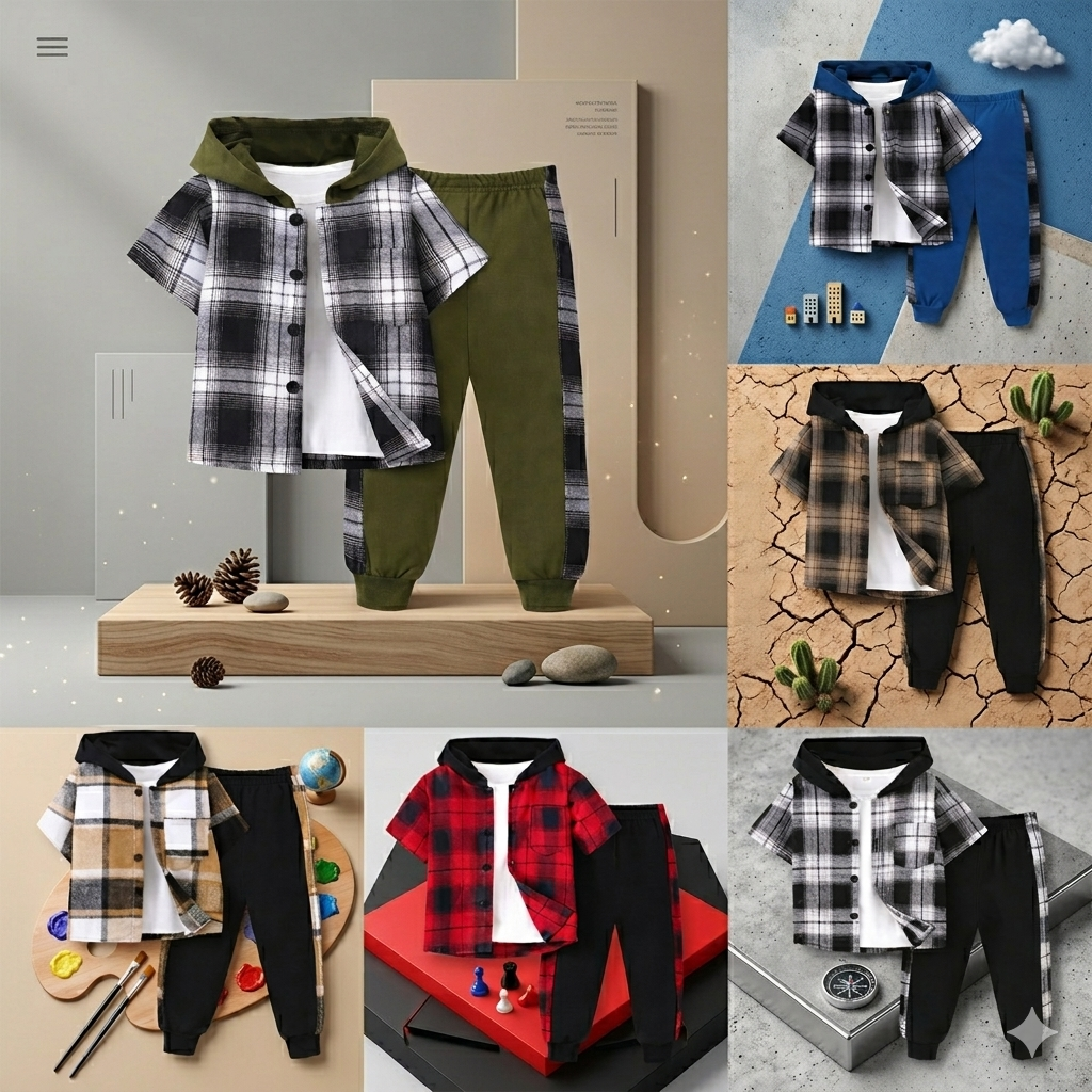 Boys Checkered Outfit – Tendance et confortable – Ensemble de vêtements à carreaux pour enfants