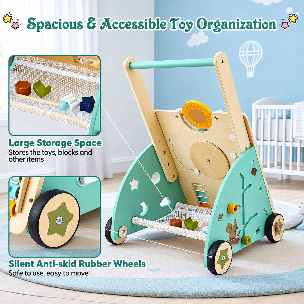 WoodenSteps – Naturel et éducatif – Trotteur en bois pour bébé avec panneaux ludiques