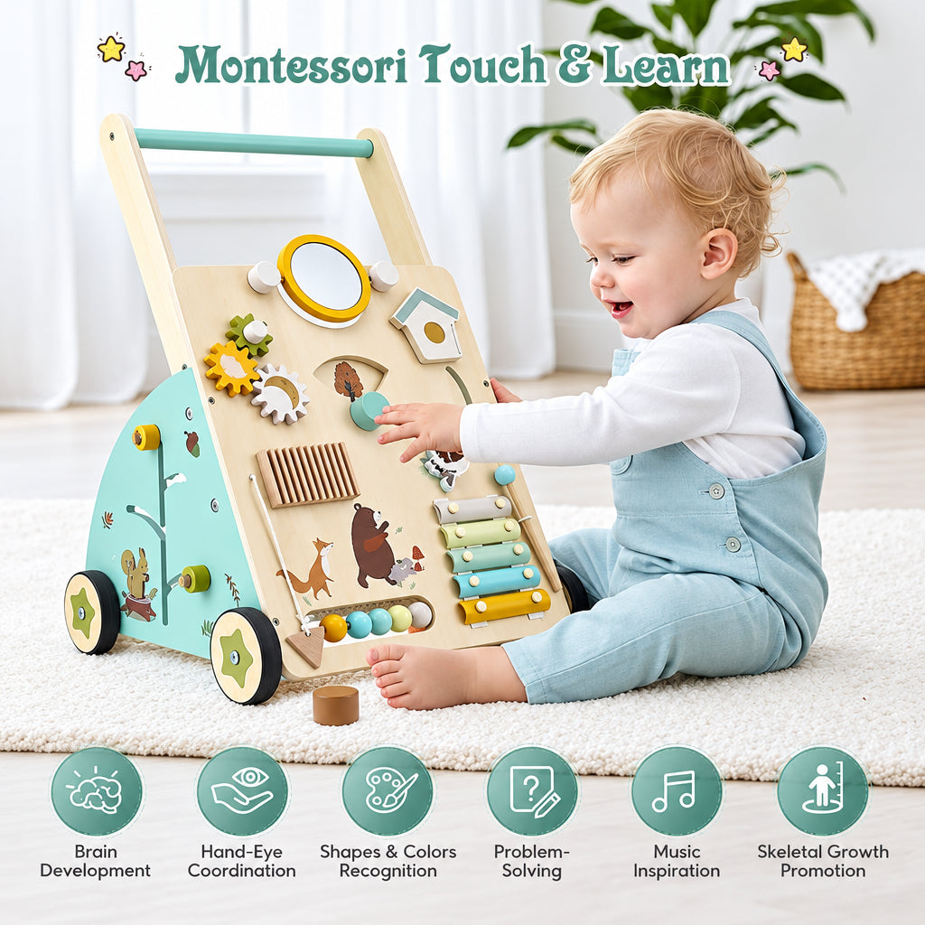 WoodenSteps – Naturel et éducatif – Trotteur en bois pour bébé avec panneaux ludiques