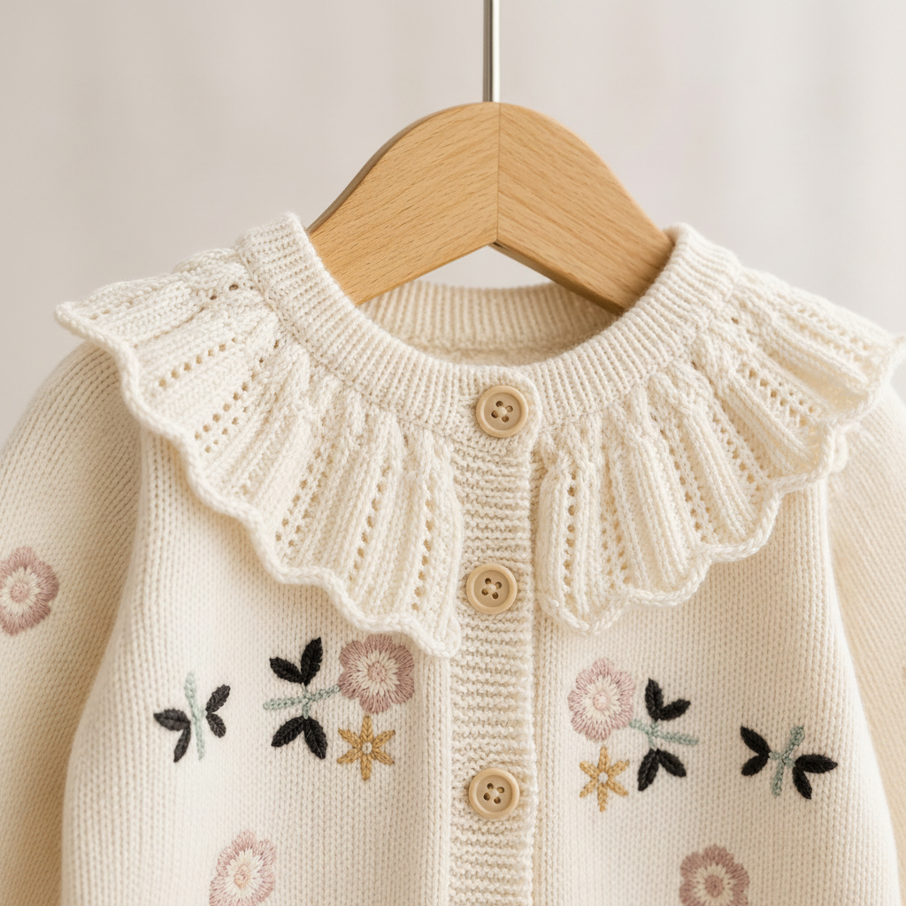 FloraKnit – Chaleureux et tendance – Cardigan en maille avec des détails floraux