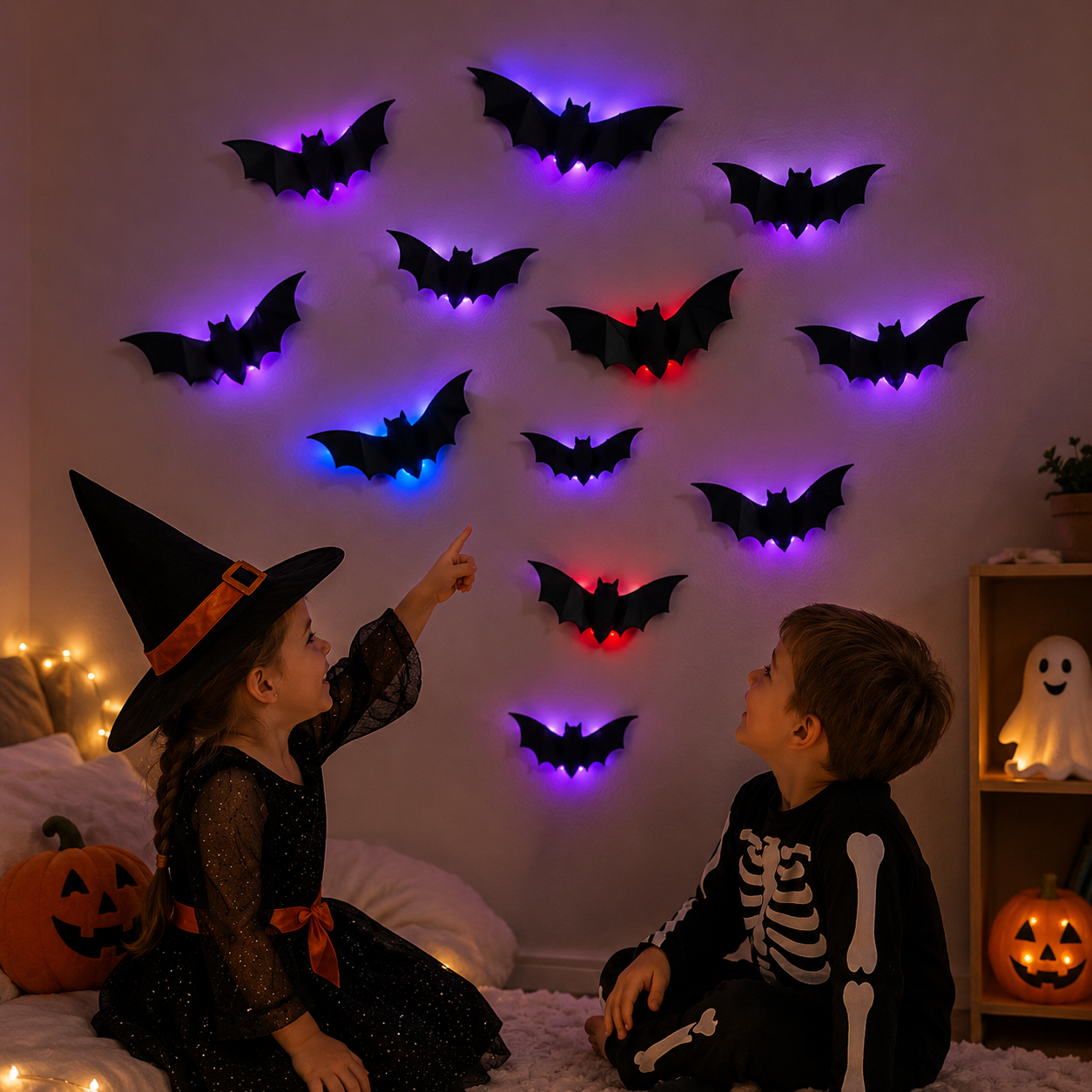 SpookyGlow – Effrayant et plein d'ambiance – Décoration murale LED « chauve-souris d'Halloween »
