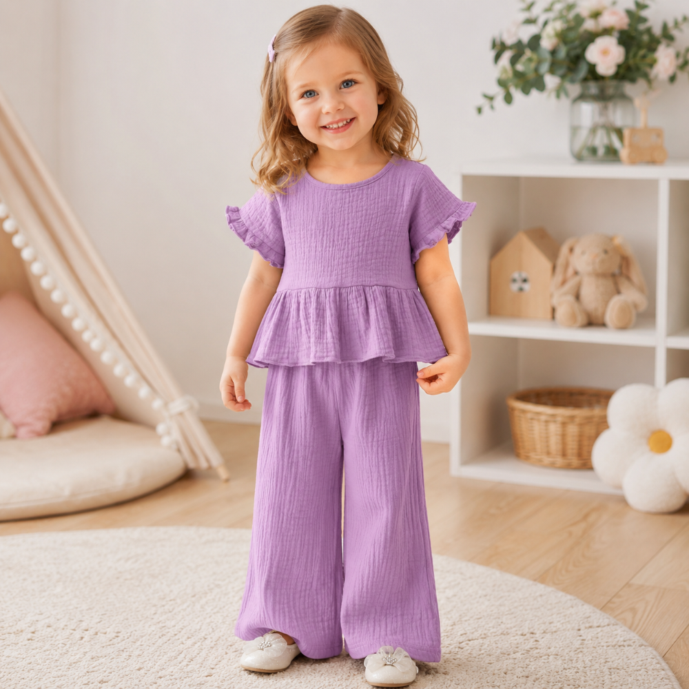 SoftCharm – Élégant et confortable – Ensemble pour fille avec haut à volants et pantalon long