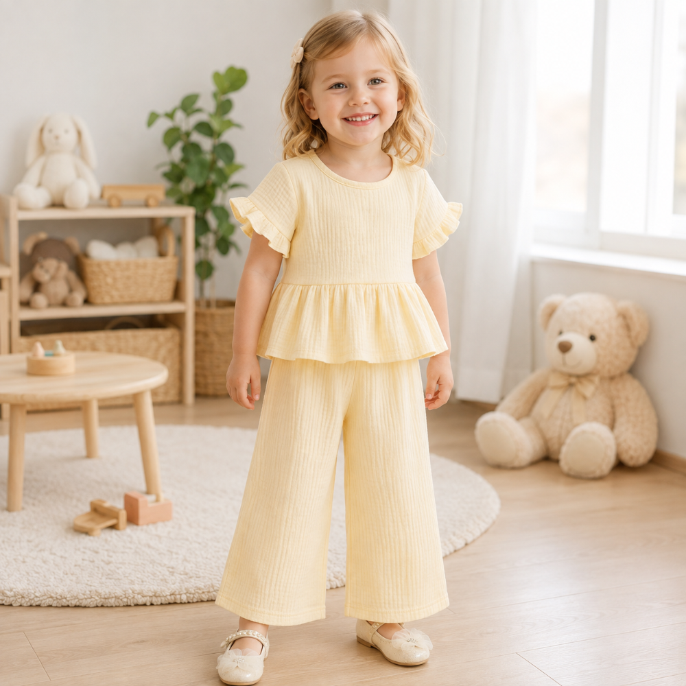 SoftCharm – Élégant et confortable – Ensemble pour fille avec haut à volants et pantalon long