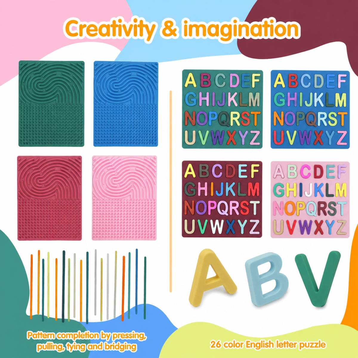 BrainyKids – Éducatif et sensoriel – Tableau d'activités en silicone avec des lettres
