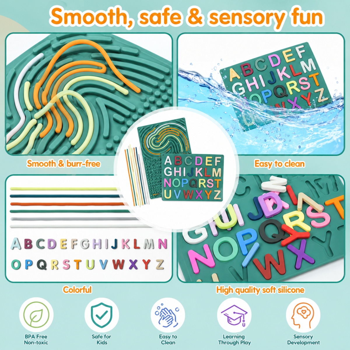 BrainyKids – Éducatif et sensoriel – Tableau d'activités en silicone avec des lettres