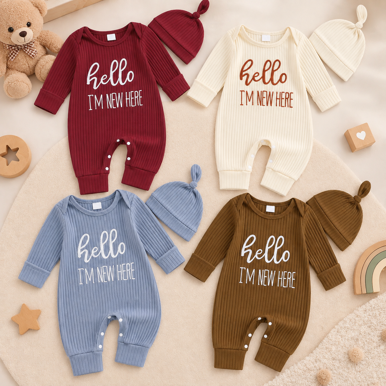 CuddleBaby – Bonjour, je suis nouvelle ici – Ensemble combi-pantalon et bonnet pour bébé