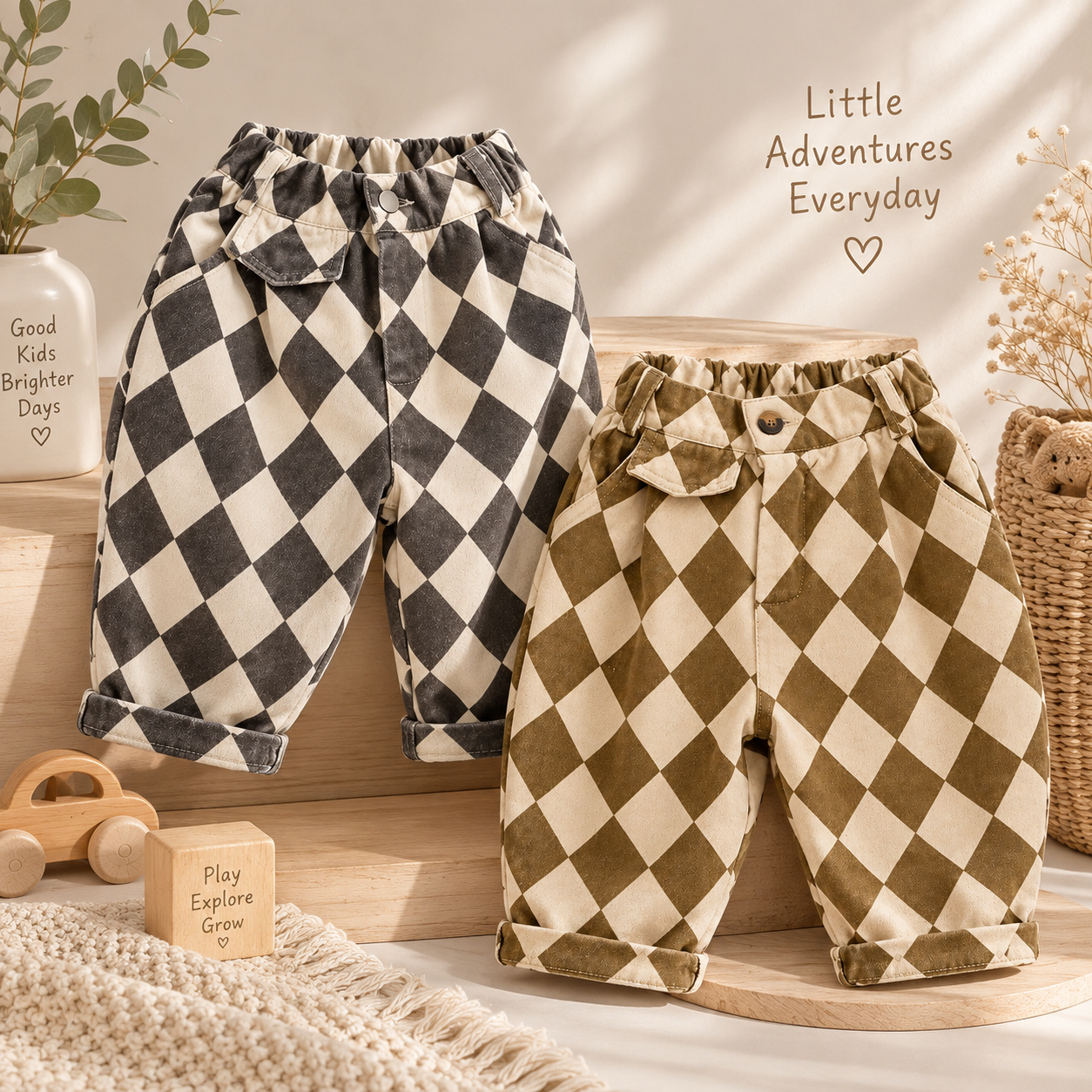 RetroBloom – Confortable et ludique – Pantalon pour enfant à motif argyle