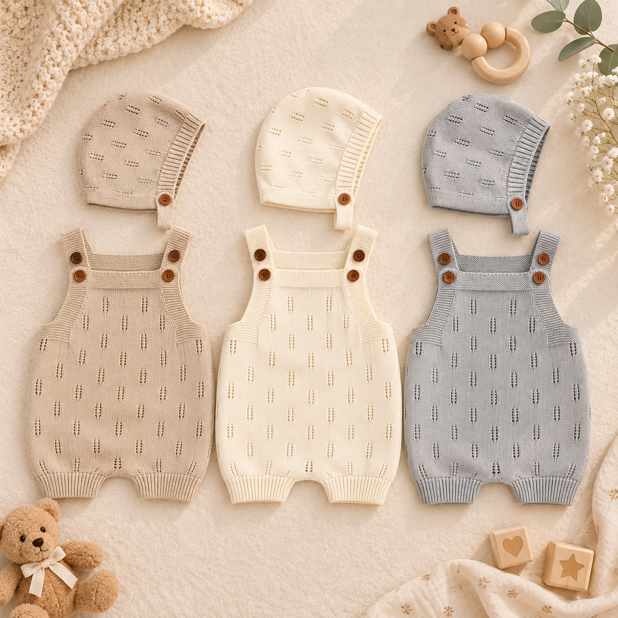 MiniCozy – Doux et confortable – Salopette tricotée pour bébé avec bonnet